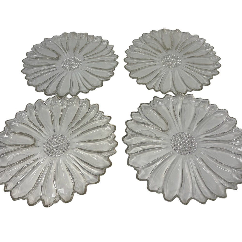 Vintage Hazel Atlas Sunflower Snack Plate Set 4 Clear Glass Scalloped Cup Plates